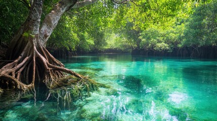 Fototapeta premium A serene landscape featuring a lush tree by a crystal-clear body of water, surrounded by vibrant greenery, creating a tranquil natural environment.
