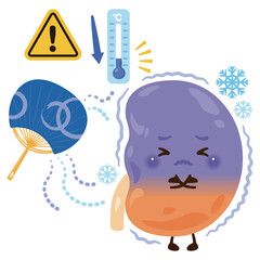 寒さで調子が悪くなる腎臓のキャラクター