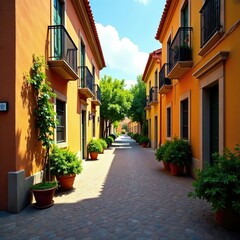 Calle empedrada con paseos y jardines en flor, calzada, callej?n