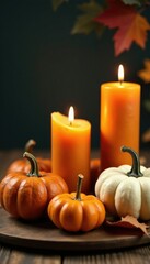 Candles and gourds in autumn arrangement on wooden table, autumn colors, seasonal decor, gourds