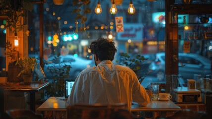 A man is sitting in a cafe at night and looking at the street