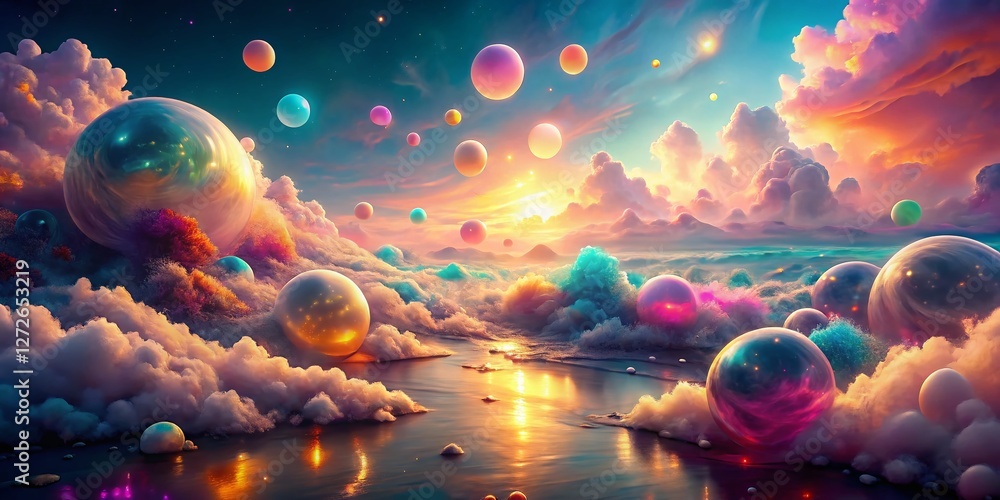 Poster surreal floating label with ethereal glow, abstract background