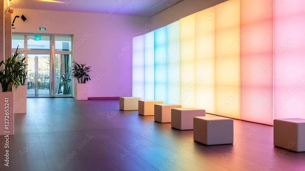 Poster vibrant modern space with colorful lighting and minimalist furniture creating an inviting atmosphere