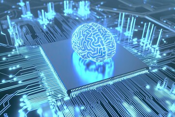 Glowing circuit board with digital brain 