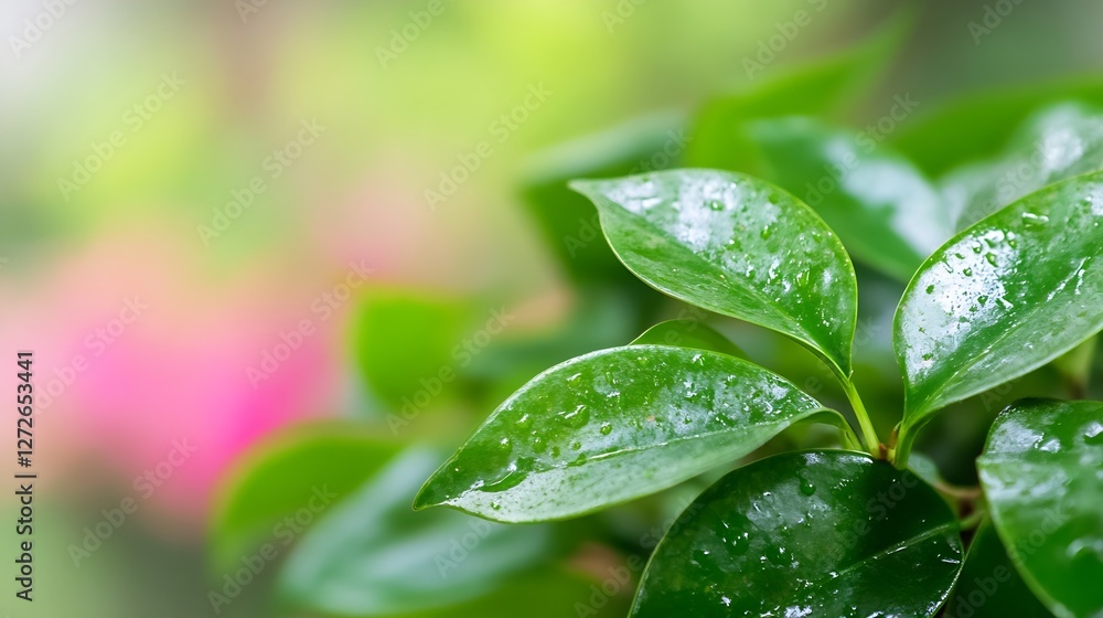 Aufkleber fresh green leaves with rain drops on a gentle blurred nature background : generative ai