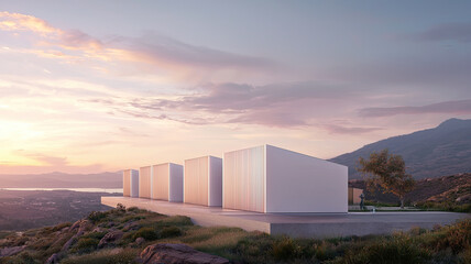 Modern minimalist white buildings on hill at sunset