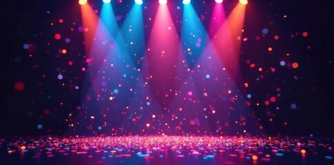 Colorful confetti fills spotlights that illuminate the stage, spotlight, colors, stage