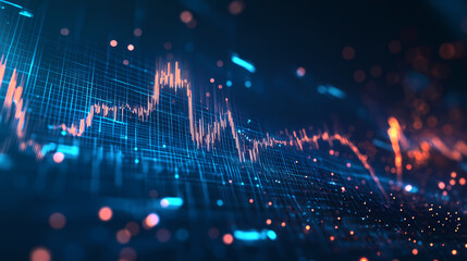 Dynamic financial chart with fluctuating graphs and glowing elements on a blue background. Glowing Abstract Patterns. Illustration