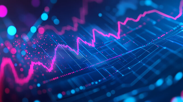 Dynamic financial chart with fluctuating graphs and glowing elements on a blue background. Glowing Abstract Patterns. Illustration