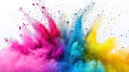 explosion of vibrant Holi powder in mid-air, featuring bold hues of pink, blue, yellow, and green against a clean white background.