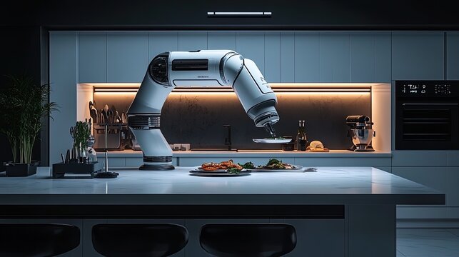 A sleek robot chef preparing gourmet dishes in a high-tech kitchen