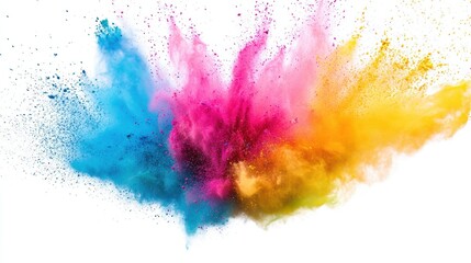 explosion of vibrant Holi powder in mid-air, featuring bold hues of pink, blue, yellow, and green against a clean white background.