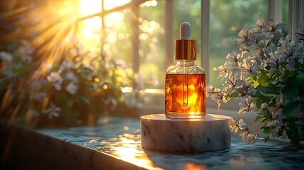 Golden serum bottle on windowsill, sunrise light, flowers. Skincare product photo