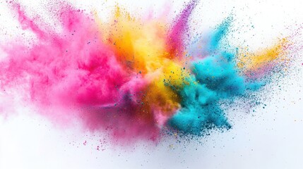 Fototapeta premium explosion of vibrant Holi powder in mid-air, featuring bold hues of pink, blue, yellow, and green against a clean white background.