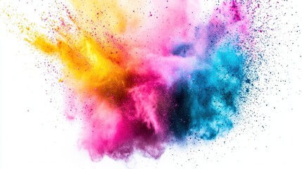 explosion of vibrant Holi powder in mid-air, featuring bold hues of pink, blue, yellow, and green against a clean white background.