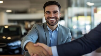 Fototapeta premium A Financial Advisor Celebrates Success with a Handshake in a Modern Auto Showroom
