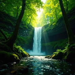 Obraz premium Dappled light filtering through forest canopy above waterfall, forest, sunlight, water