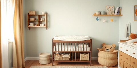 Chest of drawers with changing tray and pad next to cradle in baby room interior design, cozy, parenting, nursery