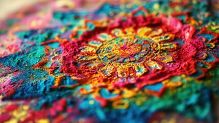 Obraz premium intricate design made from Holi powder on a flat surface, featuring a colorful mandala pattern in bright shades of red, blue, green, and yellow.