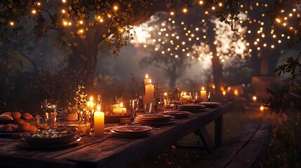 A charming countryside candlelit dinner, a rustic farmhouse table with fresh homemade dishes, twinkling fairy lights hanging above, soft warm glow from candles, cozy ambiance,