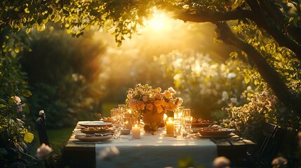A charming garden dinner party, a rustic table decorated with fresh flowers, flickering candles, gourmet dishes, warm sunlight filtering through the trees, gentle breeze rustling the leaves,