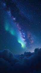 Fototapeta premium Dark sky with sparkling stars and soft aurora glow, constellation, galaxy