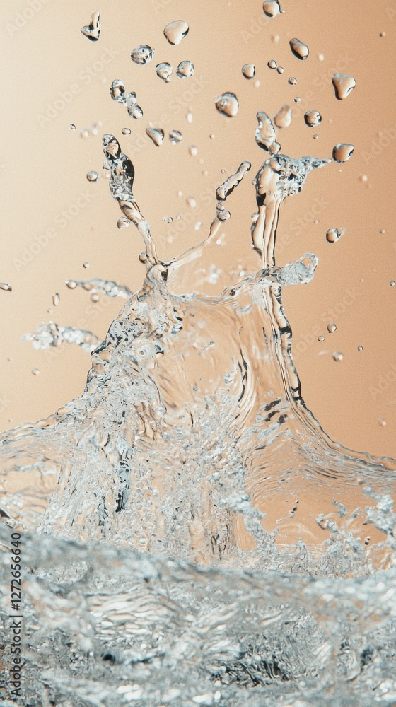Poster radiant droplets leap and shimmer against a warm backdrop, capturing the essence of purity and vital