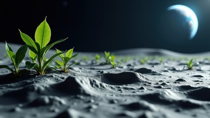 A futuristic depiction of green plants sprouting from the rocky lunar surface, with Earth glowing in the background, symbolizing space agriculture and extraterrestrial life.