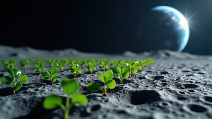 A futuristic depiction of green plants sprouting from the rocky lunar surface, with Earth glowing in the background, symbolizing space agriculture and extraterrestrial life.