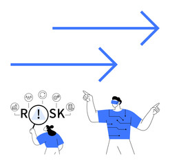 Man in tech attire points toward progress, connecting innovation with abstract arrows. Analyst examines RISK via magnifying glass for data insights. Ideal for business, technology, decision-making