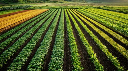 Vibrant Rows of Crops at Sunset: A Breathtaking Agricultural Panorama