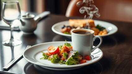 enjoy a delicious breakfast scene with a steaming cup of coffee, a vibrant salad, and toast. perfect for menus, blogs, or lifestyle projects.