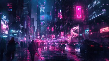 Obraz premium Cyberpunk Cityscape: Neon Rain