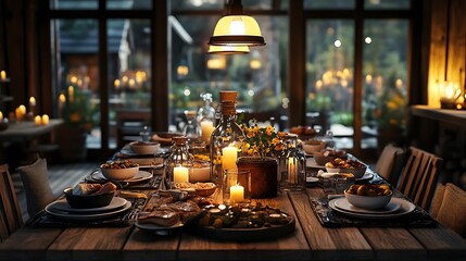 A countryside family dinner in a barn-style dining room, wooden table set with hearty homemade meals, old-fashioned lanterns casting warm glows, farm-fresh ingredients, relaxed and intimate setting,