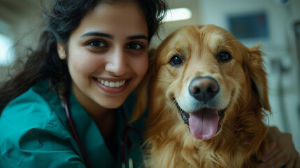 Indian Female Veterinarian Carefully Treating a Golden Retriever in a State-of-the-Art Animal Clinic 
