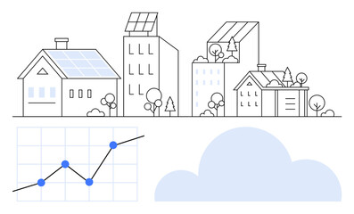 Residential and commercial solar-panel buildings, trees, cloud, and growth trend graph. Ideal for sustainability, renewable energy, eco-living, smart cities, growth analytics green technology