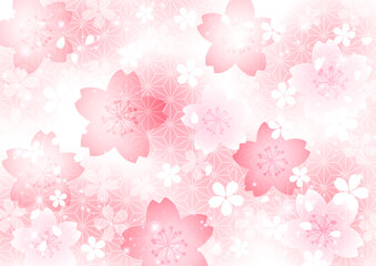 麻の葉地に桜の満開模様背景、かわいい、ピンク