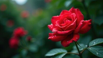Delicate red rose blooms in a rainy garden, water droplets on petals, water droplets, roses