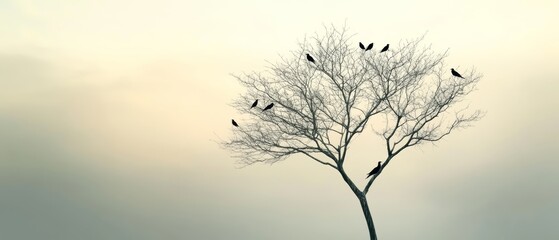 Obraz premium A Stark Tree with Avian Silhouettes Against an Ethereal Sky
