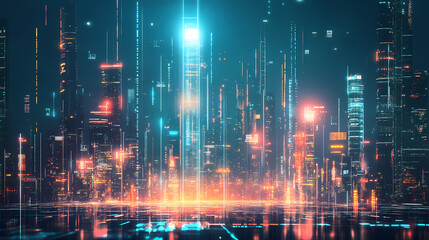 Fototapeta premium A futuristic city skyline with abstract data visualizations and glowing elements representing technology and analytics. Glowing Abstract Patterns. Illustration