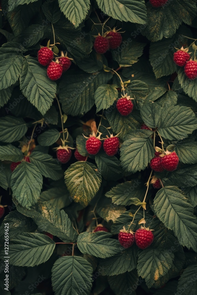 Poster vibrant raspberries hang from lush green leaves, creating a captivating display of color and texture