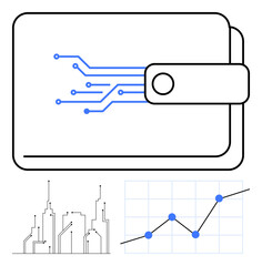 Digital wallet with blue circuits, city skyline outline, and growing graph symbolizing financial technology, urban growth, and digital transformation. Ideal for fintech, investments, urban