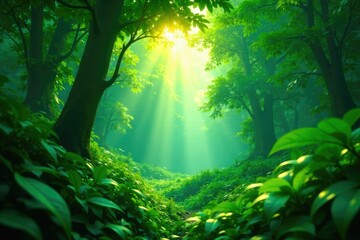 Obraz premium Dense foliage obstructs sunlight filtering through leaves, dense jungle, greenery, leafy canopy