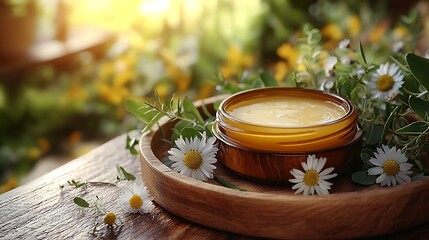 Herbal balm jar on wooden tray, garden background, natural skincare product