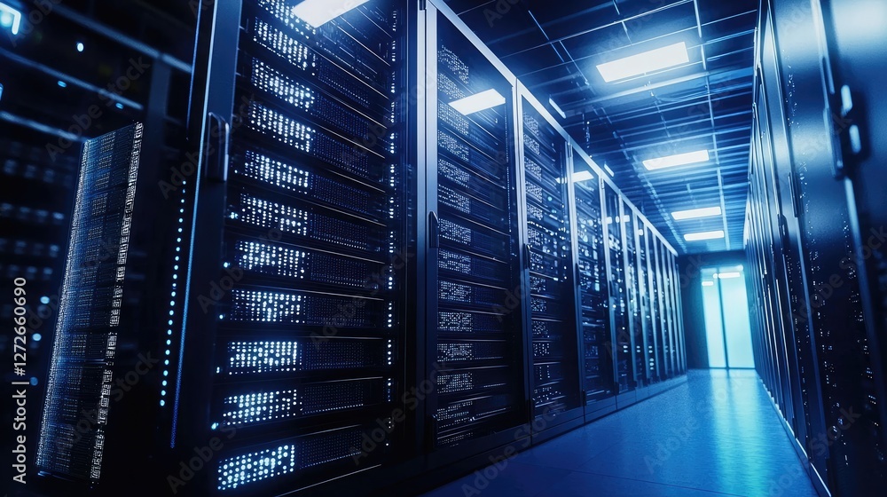 Aufkleber Futuristic data center with illuminated server racks in a high-tech environment. Ideal for cloud computing, cybersecurity, and data storage concepts