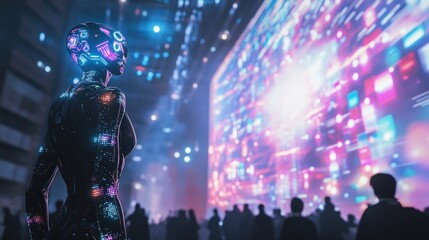 Neon Cybernetic Woman Witnessing Futuristic Data Display