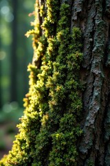 Obraz premium Detail of pine tree bark with moss and lichen growth, forest, moss, wood texture