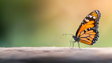 Obraz premium Monarch butterfly resting on wood, garden background, nature photography, website banner
