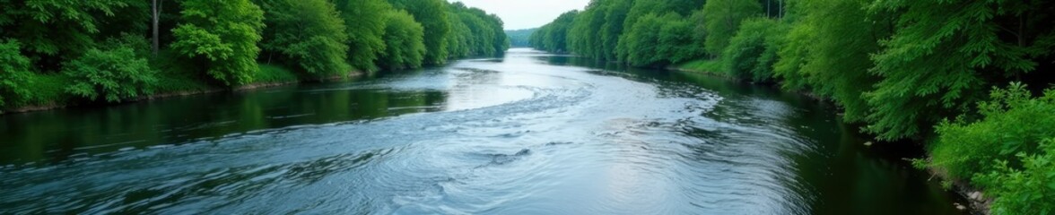 Fototapeta premium Dnieper River water flowing fast blue grey riverbank greenery, river flow, landscape photography