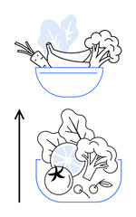 Bowl with carrots banana broccoli transforming into larger bowl with tomato citrus cherry and greens. Ideal for growth, health, nutrition, change, abundance, simplicity, transformation. Line